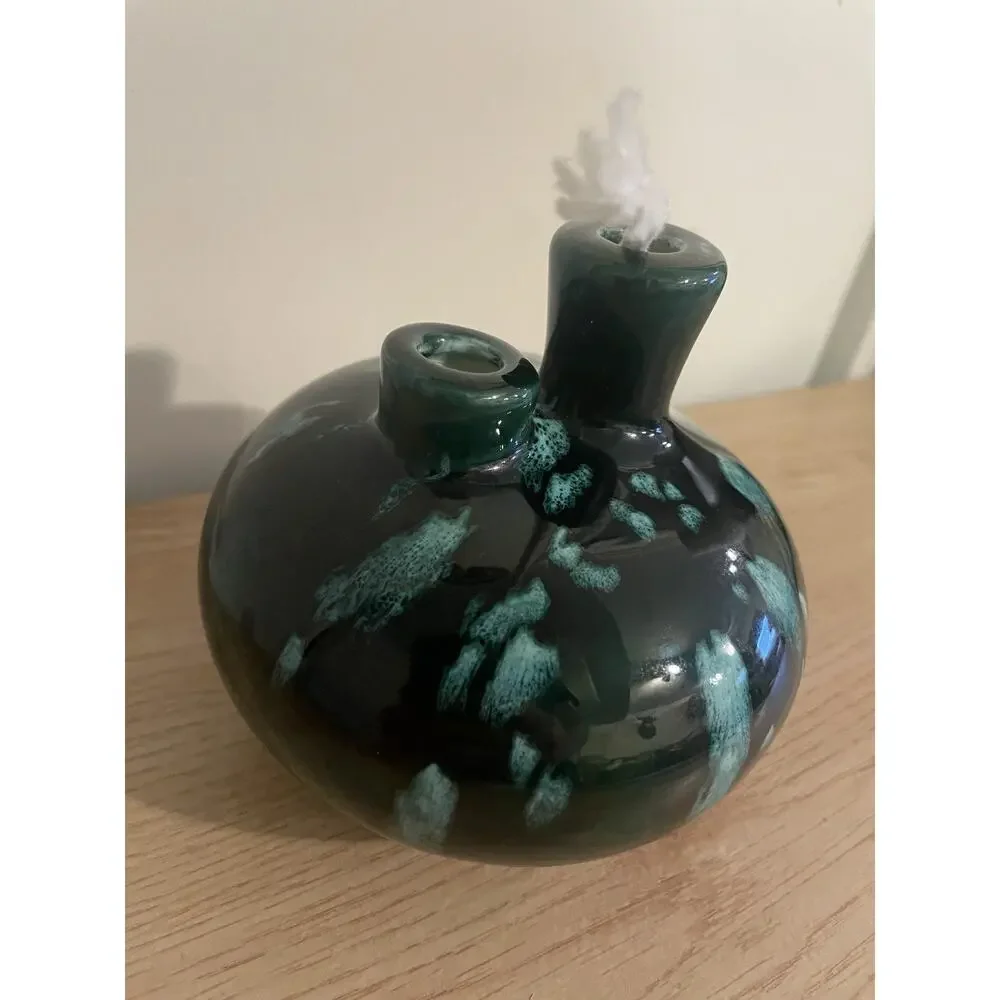 VTG Mary Latterman Double Spout Glazed Pottery Blue Green Oil Lamp w/ Wick